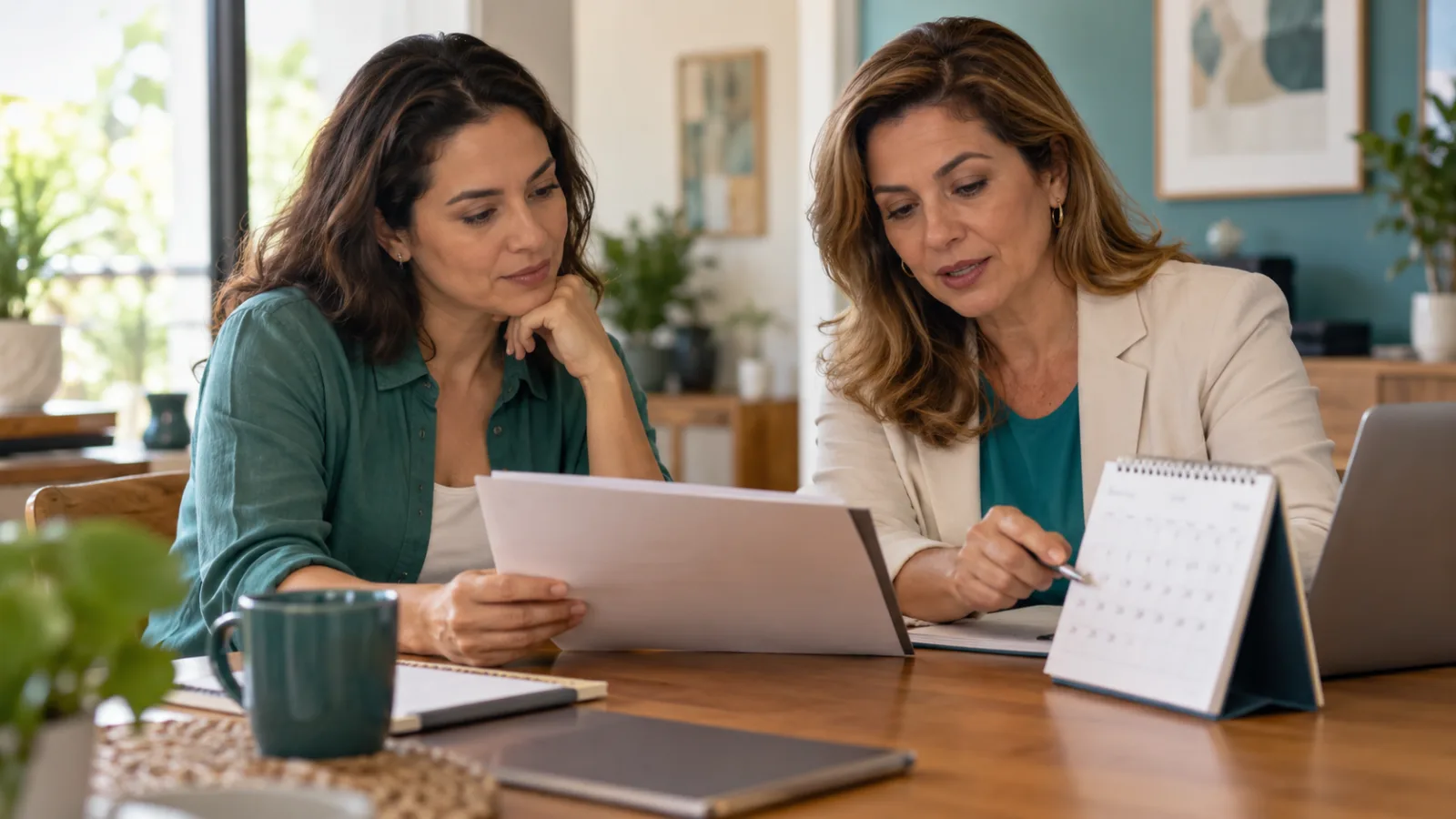 Duas mulheres analisam documentos ao lado de um calendário sobre a mesa.