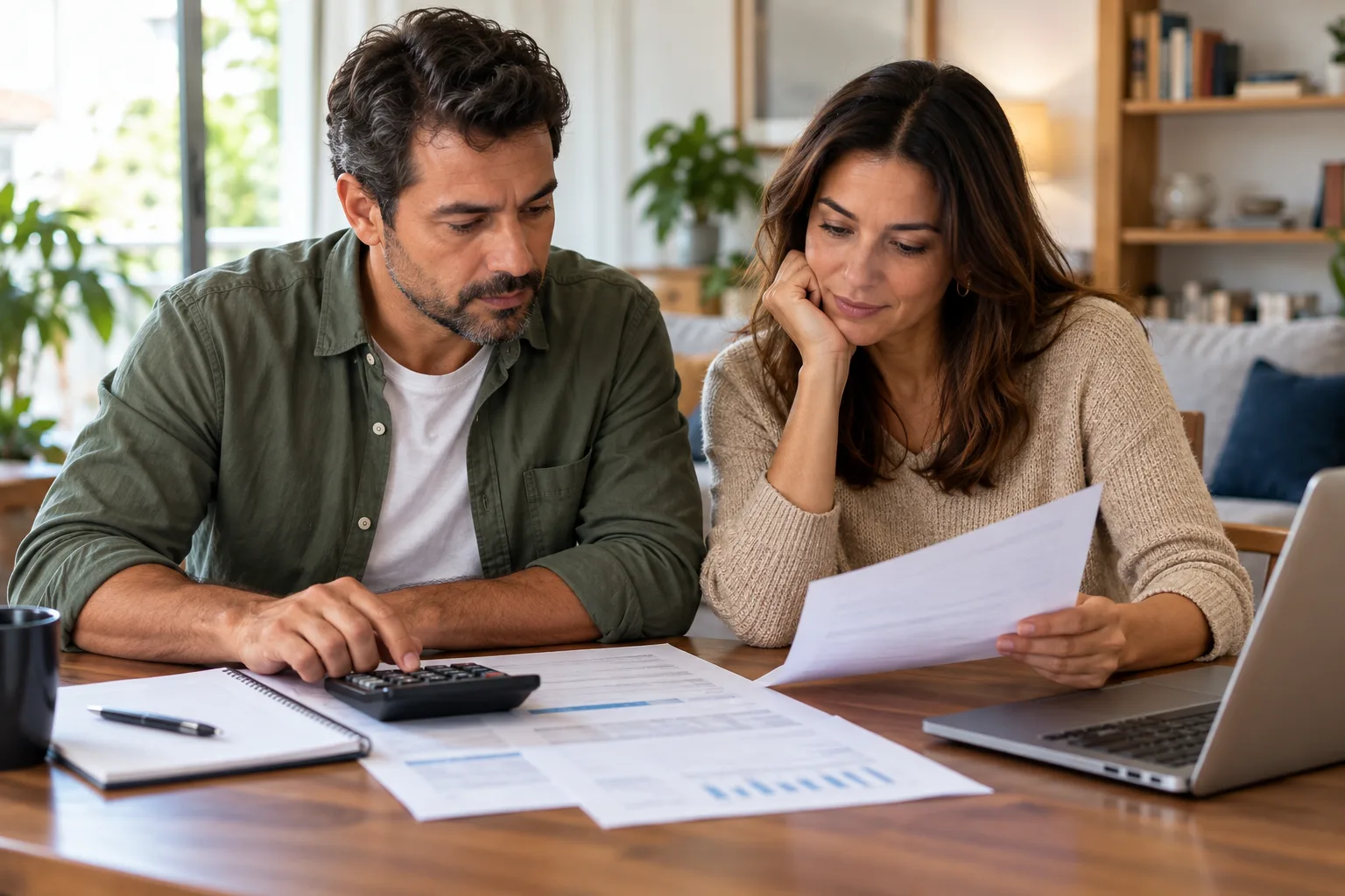 Casal compara documentos com uma calculadora e um caderno sobre a mesa.