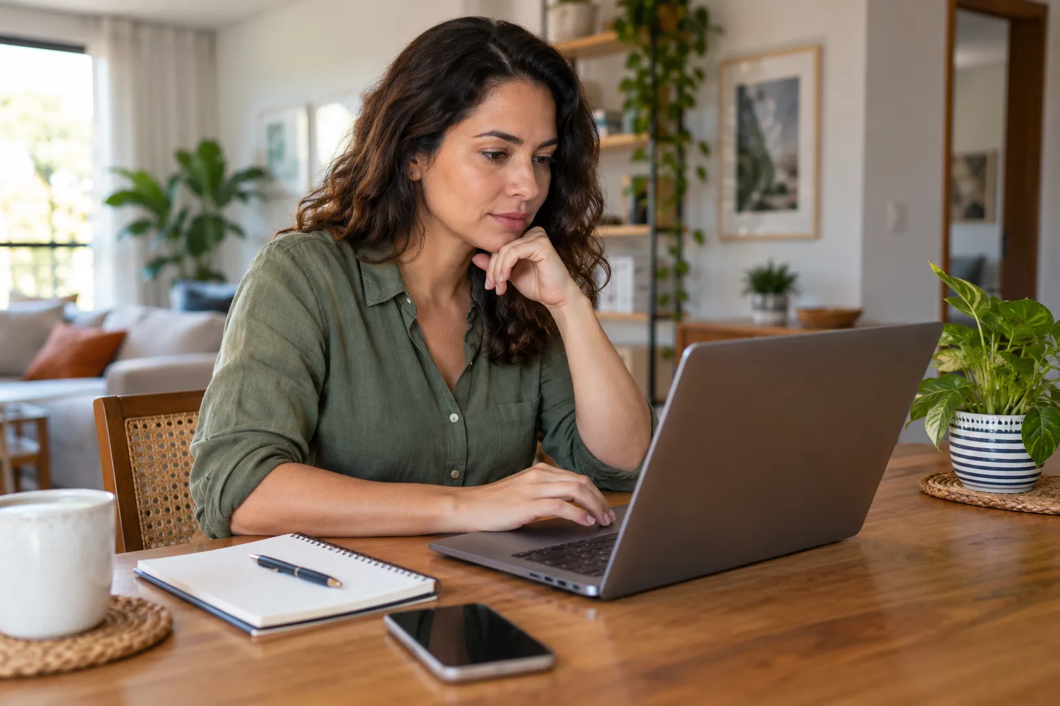 Mulher consulta informações no notebook enquanto utiliza o celular, com anotações sobre a mesa.